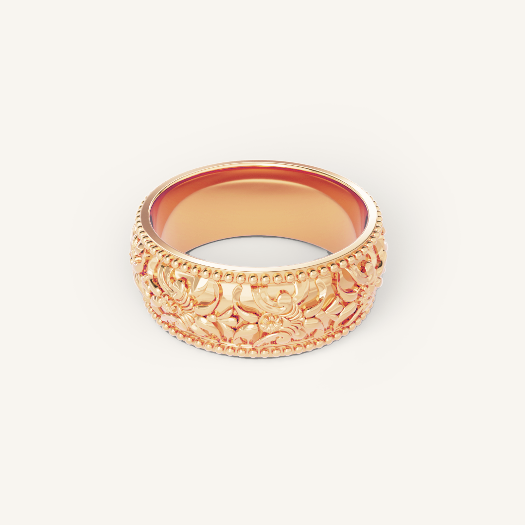 intricately designed statement rose gold ring inspired by Paris on white background