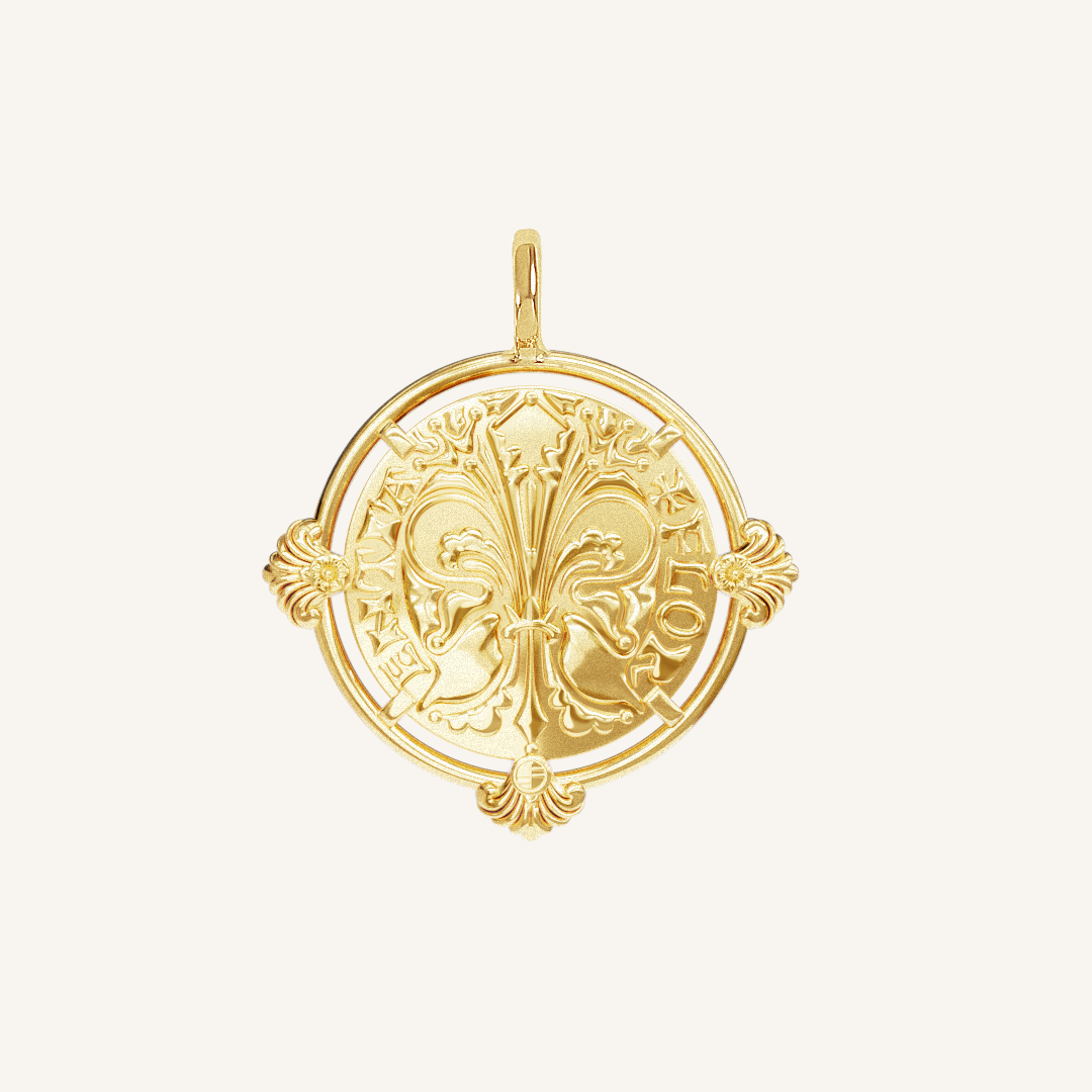 gold pendant featuring intricate patterns inspired by Palace of Versailles on a plain background
