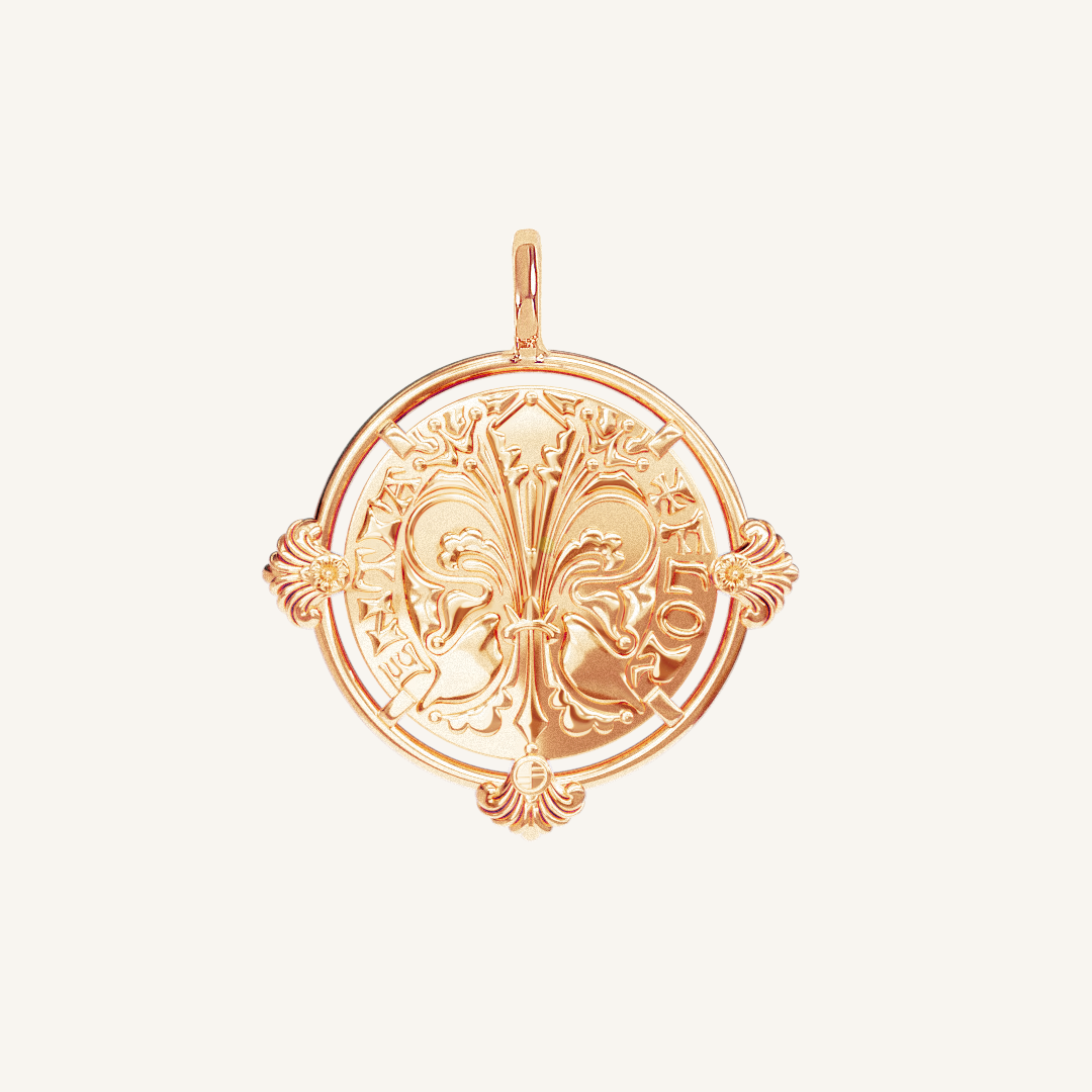 rose gold pendant featuring intricate patterns inspired by Palace of Versailles on a plain background
