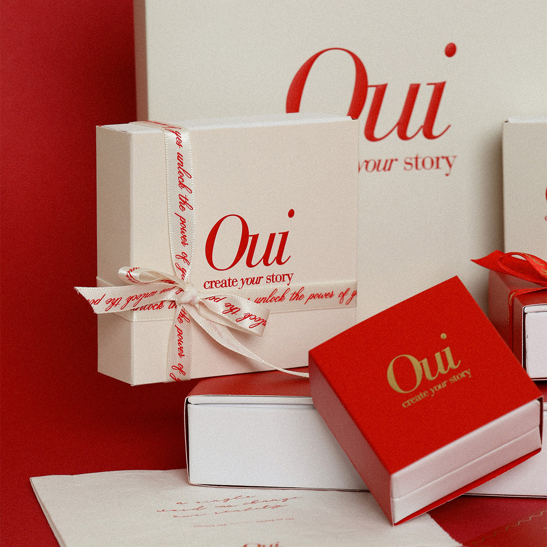 Red, gold and white gift wrapping and ribbon on red background inspired by Paris and the word Ou